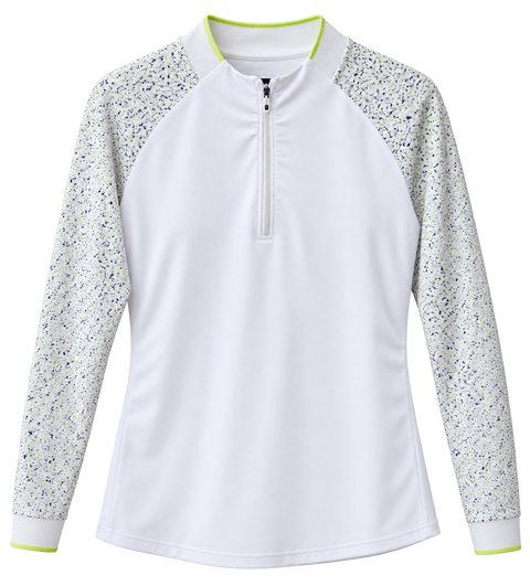 FootJoy women's white quarter-zip long sleeve golf top with granite-print sleeves and lime trim, isolated with background removed