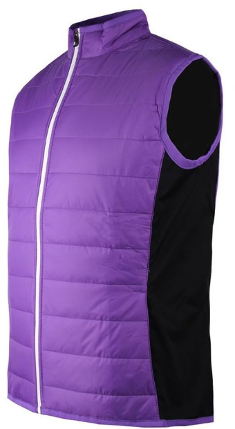 The FootJoy Women's Hybrid Vest in purple features black side panels and a white front zipper. This sleeveless, quilted vest by FootJoy delivers lightweight warmth and style, shown against a plain white background.