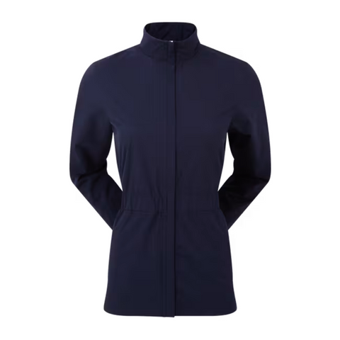A FootJoy Women’s HydroLite Jacket, navy blue with long sleeves, high collar, and two front pockets, is shown on a plain white background.