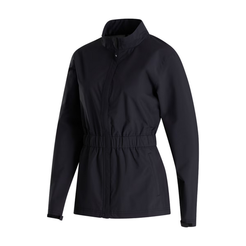 The FootJoy Women’s HydroLite Jacket is displayed on a plain white background. This black, long-sleeve rain jacket features a zippered front, high collar, elastic waistband, and side pockets. Brand: FootJoy.