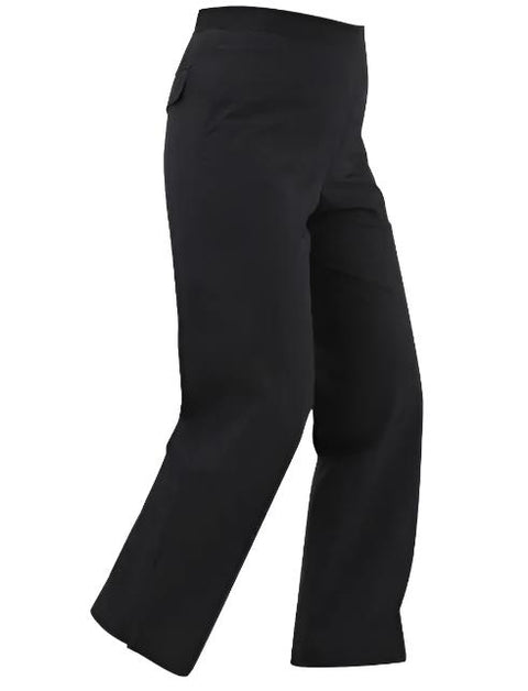 The FootJoy Women's HydroLite Rain Trousers in black are shown from the side on a white background, featuring a straight leg cut and a small pocket near the waistband.