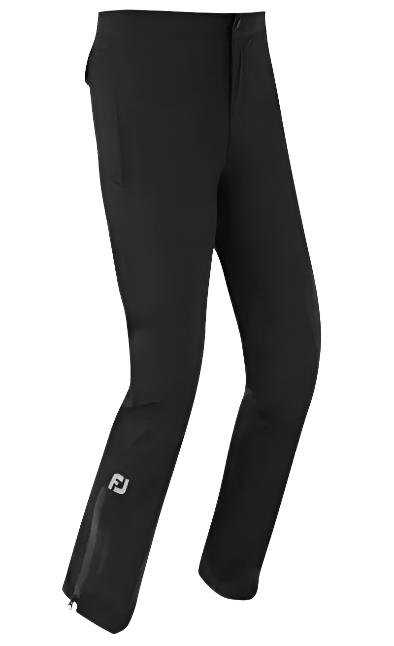 The FootJoy Women's HydroLite V2 Rain Trousers in black are slim-fitting, waterproof golf trousers with zippered ankles and an FJ logo on the lower left leg, offering a sleek design for style and performance.