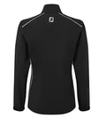 Back view of the FootJoy Women's Hydrolite V2 Rain Jacket in black, featuring white piping on the shoulders and sides. The FJ logo is centered below the collar on this waterproof golf jacket by FootJoy.