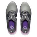 Top view of FootJoy Womens Hyperflex Golf Shoes in Grey/Pink (US 9 only), featuring dark laces, purple insoles with a white logo, and translucent pink heel accents—performance footwear by FootJoy, shown side by side on a white background.