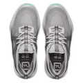 Top view of FootJoy Women's Hyperflex Golf Shoes in grey and teal, featuring white laces, light gray mesh uppers, dark gray accents, turquoise toe details, and insoles with text and a white geometric logo.