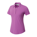 The FootJoy Women's Jacquard Short Sleeve Shirt in Berry features a collared design and three-button placket, made with moisture-wicking fabric, shown on a plain white background.