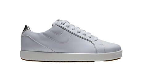 The FootJoy Women's Links Golf Shoes in white are low-top sneakers inspired by classic FootJoy women’s golf shoes, featuring a white sole, white laces, subtle stitching, and a clean side profile on a plain white background.