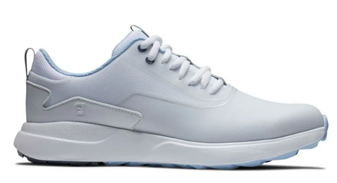 A white FootJoy Women’s Performa Golf Shoe with light blue accents, textured sole, and white laces, shown from the side on a plain background—an ideal lightweight golf shoe available in golf shoes NZ collections.