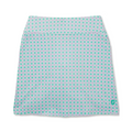 The FootJoy Womens Performance Knit Skort features a geometric light purple, teal, and white plus sign pattern, a small teal logo by the hem, wide waistband, straight fit, and moisture-wicking comfort for golf.