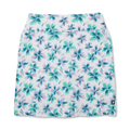 The FootJoy Womens Performance Knit Skort features an athletic cut, moisture-wicking white fabric, a blue/teal/purple floral print, and a small blue FJ logo near the bottom hem.