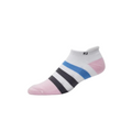 The FootJoy Womens ProDry Roll Tab Sock features a low-cut design, pink toe and heel, white top, three black-blue-black stripes across the middle, moisture-wicking fabric, and a small FJ logo near the ankle.