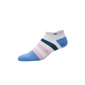 The FootJoy Womens ProDry Roll Tab Sock features a white ankle, blue heel and toe, pink and navy stripes across the middle, moisture-wicking fabric, and a small FJ logo near the cuff.