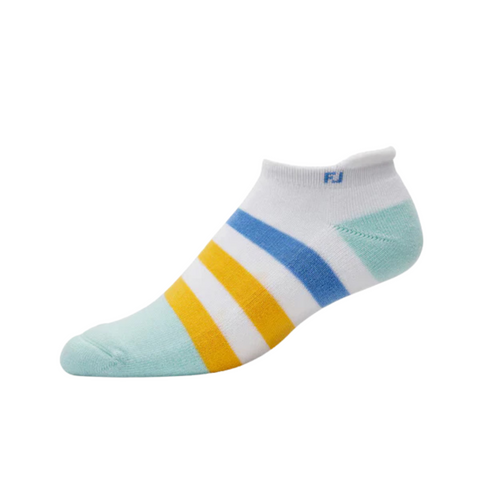 The FootJoy Womens ProDry Roll Tab Sock by FootJoy is a moisture-wicking, low-cut sock with a white base, yellow and blue stripes, and mint green accents on the toe and heel—ideal for course comfort.