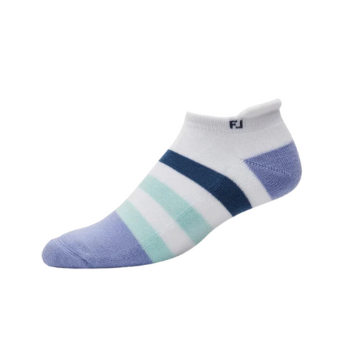The FootJoy Womens ProDry Roll Tab Sock by FootJoy features a white base, light blue toe and heel, dark blue/light blue/mint green stripes, and moisture-wicking fabric—ideal womens golf socks for all-day comfort on the course.