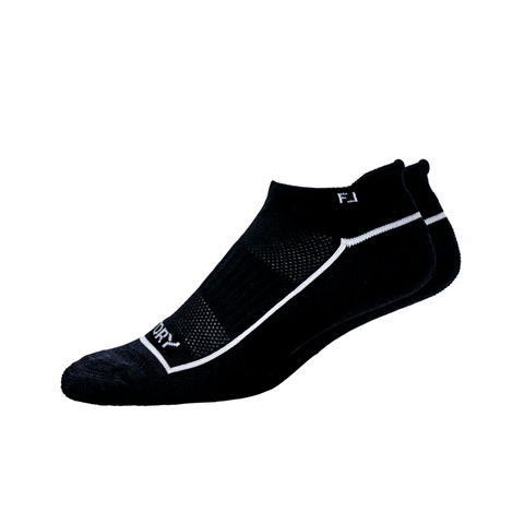 A pair of FootJoy Womens ProDry Roll Tab Socks in black with white trim, featuring moisture-wicking fabric—ideal womens golf socks—displayed on a white background.
