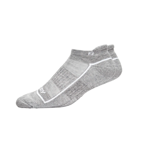 A pair of FootJoy Womens ProDry Roll Tab Socks in light gray with white accents, featuring moisture-wicking fabric, shown side by side on a plain white background.