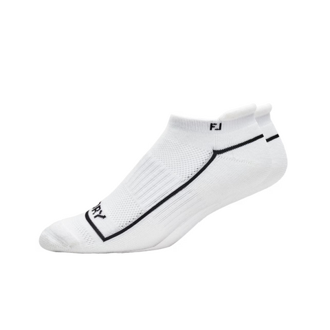 The FootJoy Womens ProDry Roll Tab Sock is a white low-cut sock with black trim, ribbed texture, moisture-wicking fabric, and FJ and ProDry logos by the ankle and toe.