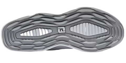 Close-up of FootJoy Women’s ProLite BOA Golf Shoes in White/Grey, highlighting the gray and white rubber sole with wavy tread and geometric logo—showcasing the BOA Fit System for a secure, comfortable fit in lightweight shoes.