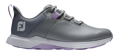 The FootJoy Women's ProLite Golf Shoes in grey feature a white sole, light purple accents, FJ logo on the heel, lace-up design, textured back panel, and provide lightweight comfort with all-round grip for every swing.