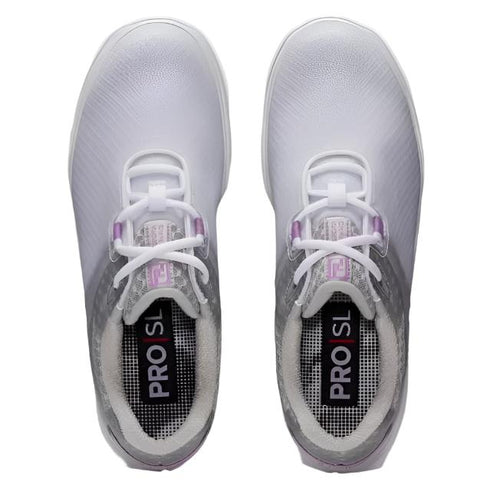 Top view of FootJoy Womens Pro/SL Sport Golf Shoes in White/Lilac (US 6.5 & 9.5), featuring breathable mesh uppers, lilac accents, laces, and PRO SL branding on the black insoles. Perfect blend of comfort and style on the course.