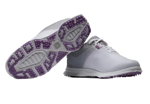 The FootJoy Womens Pro/SL Sport Golf Shoes in White/Lilac (US 6.5 & 9.5) offer breathable mesh comfort and stylish purple sole grips—ideal for women golfers seeking both performance and style on the course.