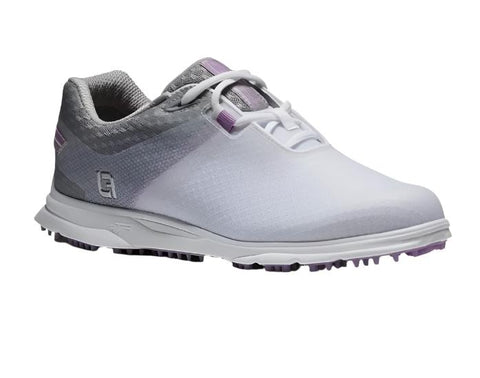 The FootJoy Women’s Pro/SL Sport Golf Shoes in White/Lilac (US 6.5, 9.5) feature a low-cut design, breathable mesh upper, and textured sole for style and performance. Displayed on a plain white background. Brand: FootJoy.