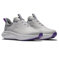 A pair of FootJoy Women's Quantum Golf Shoes in grey, white, and purple with OrthoLite FitBed cushioning for comfort. These spikeless shoes by FootJoy are showcased against a plain white background.
