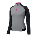 The FootJoy Women's Quarter-Zip Midlayer Top in Black/Grey features black sleeves, a grey body, a pink collar lining, and pink zipper. This long-sleeve golf top offers four-way stretch comfort and style, shown on a white background.