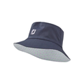 FootJoy reversible bucket hat in navy with a white logo on the front. The brim is lined with a light gingham pattern, offering two styling options for sun protection and comfort.