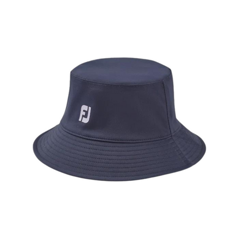 FootJoy women's reversible bucket hat in navy, featuring the FootJoy logo on the front. The hat has a gingham pattern lining, offering two style options in one.
