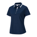The FootJoy Womens Stretch Pique Polo Shirt in navy features white-trimmed collar and sleeves, a three-button placket, fitted shape, and moisture-wicking stretch piqué fabric for comfort on the golf course.