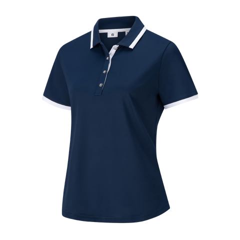 The FootJoy Womens Stretch Pique Polo Shirt in navy features white-trimmed collar and sleeves, a three-button placket, fitted shape, and moisture-wicking stretch piqué fabric for comfort on the golf course.