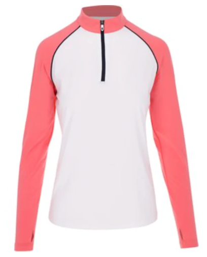 The FootJoy Women's Sun Protection Shirt in White/Coral features a white body, coral pink sleeves, a stand-up collar with a black half-zip, and UPF 50+ protection—ideal for sun safety on and off the golf course.