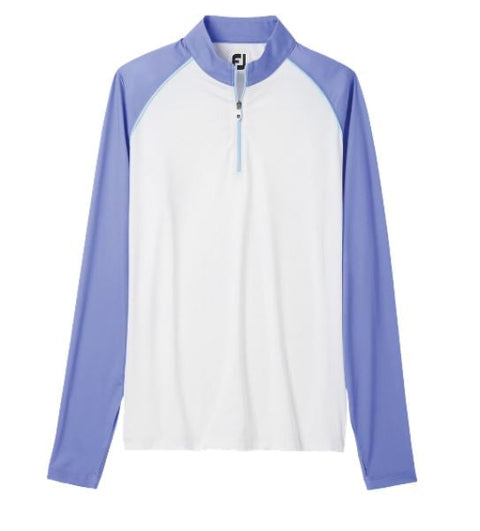 The FootJoy Women's Sun Protection Shirt in White/Violet features long sleeves, a zip-neck, and offers sun protection. It is displayed with a white body and light purple sleeves and collar against a plain white background.