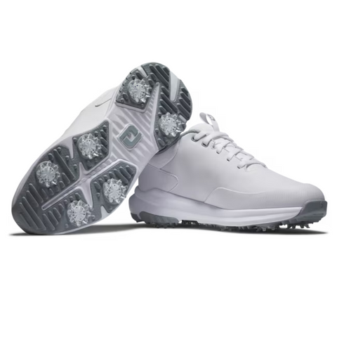 A pair of FootJoy Women's Tour Rival Golf Shoes with gray soles and traction cleats is displayed—one upright, the other angled to highlight the sole and spikes—both set against a plain white background.