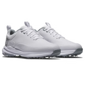 The FootJoy Women's Tour Rival Golf Shoes feature a white low-top design with gray soles and laces, pull tabs, textured grip bottoms, and signature FootJoy branding for sporty style.