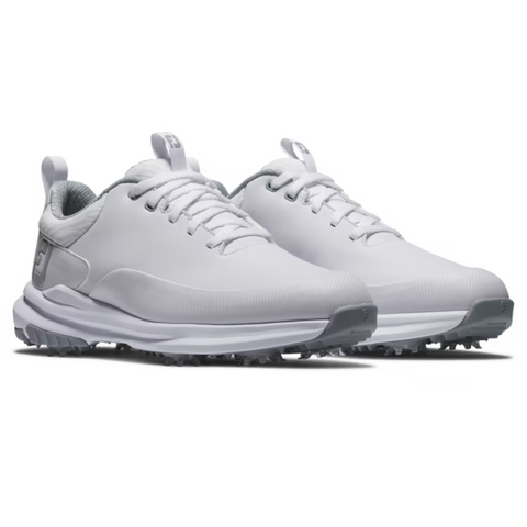 The FootJoy Women's Tour Rival Golf Shoes feature a white low-top design with gray soles and laces, pull tabs, textured grip bottoms, and signature FootJoy branding for sporty style.