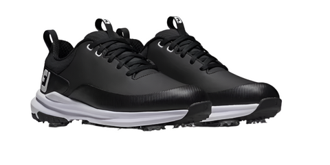 The FootJoy Women's Tour Rival Golf Shoes feature a black design with white soles, black laces, side logo, heel pull tab, and textured toe and sole for a sleek, modern look.