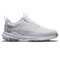 The FootJoy Women's Tour Rival Golf Shoes in white deliver style and performance with a lace-up design, gray accents, textured grip sole, and a subtle FJ logo—perfect for every round.
