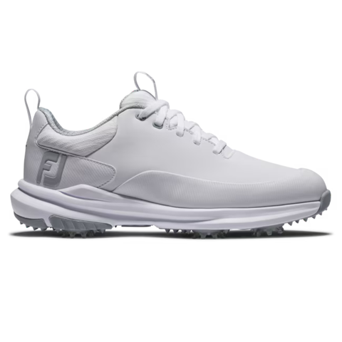 The FootJoy Women's Tour Rival Golf Shoes in white deliver style and performance with a lace-up design, gray accents, textured grip sole, and a subtle FJ logo—perfect for every round.