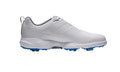 The FootJoy Mens eComfort Golf Shoes in white feature a sleek design, gray inner lining, blue-tipped sole spikes, and a heel pull tab—ideal waterproof golf shoes for men by FootJoy, shown in side profile on a white background.