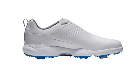 The FootJoy Mens eComfort Golf Shoes in white feature a sleek design, gray inner lining, blue-tipped sole spikes, and a heel pull tab—ideal waterproof golf shoes for men by FootJoy, shown in side profile on a white background.