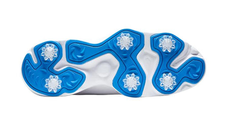 The image shows the sole of the FootJoy Mens eComfort Golf Shoes in white, featuring blue accents and six round, white spikes—ideal for golfers seeking reliable performance from the trusted FootJoy brand.