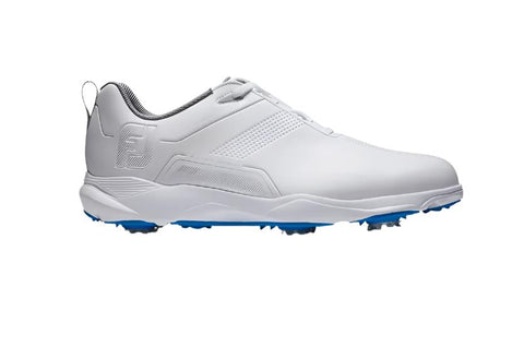 The FootJoy Mens eComfort Golf Shoes in white feature subtle textured details, a low profile, and blue sole spikes. Photographed on a plain white background, these stylish golf shoes offer comfort and performance for men on the course.