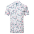 Back view of the FootJoy Golf Course Doodle Polo featuring a navy and red doodle pattern on a white background with a FootJoy logo under the collar.