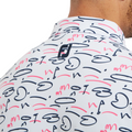 Close-up of the FootJoy Golf Course Doodle Polo back, featuring the navy and red doodle pattern and a black FootJoy logo below the collar.