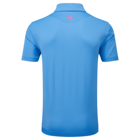 A blue FootJoy Lisle Dot Print Men’s Polo is shown from the back, displaying a subtle dotted pattern and a small pink FootJoy logo below the collar.