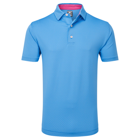 The FootJoy Lisle Dot Print Mens Polo is a light blue golf shirt featuring moisture-wicking fabric, a subtle dotted pattern, three buttons, and a collar with pink lining. Displayed against a white background.
