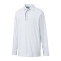 The FootJoy Long Sleeve Sun Protection Mens Shirt in white features a collar, three buttons, and offers UPF 50+ protection—ideal for golf. Shown on a transparent background.