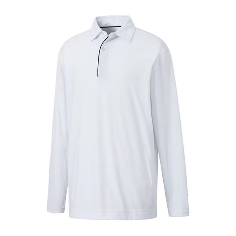 The FootJoy Long Sleeve Sun Protection Mens Shirt in white features a collar, three buttons, and offers UPF 50+ protection—ideal for golf. Shown on a transparent background.